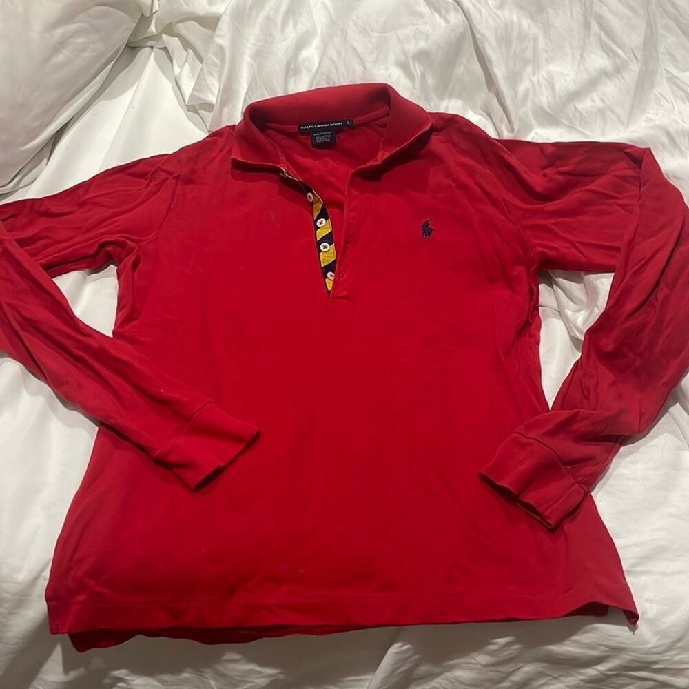 Ralph Lauren Sport L red pique polo hi low hemline euc collar